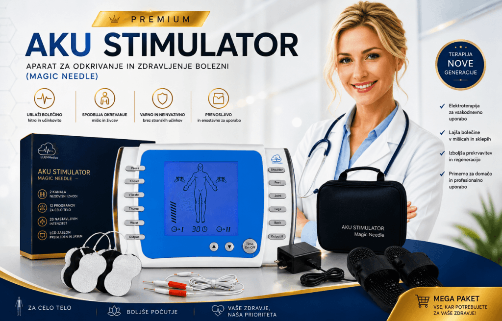 Aku stimulator za lajšanje bolečin in mišično stimulacijo – brezžična naprava Naslov: Aku stimulator za mišično stimulacijo Napis: Prenosni aku stimulator za učinkovito mišično stimulacijo in sprostitev Opis: Aku stimulator je primeren za mišično stimulacijo, sproščanje napetosti