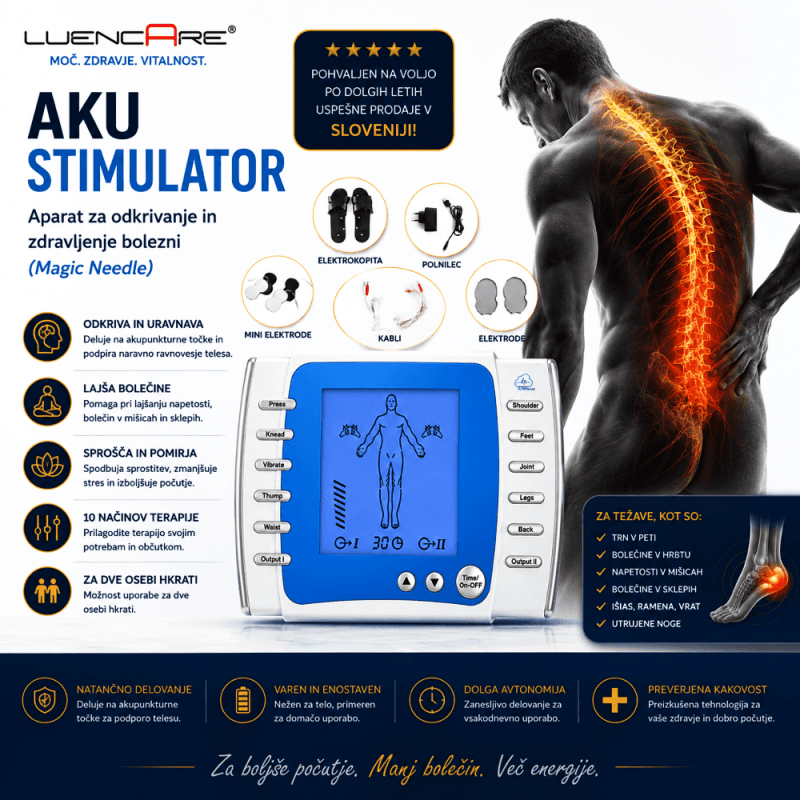 AKU stimulator Magic Needle za lajšanje bolečin v hrbtu, mišicah in sklepih z elektrostimulacijo brez igel.