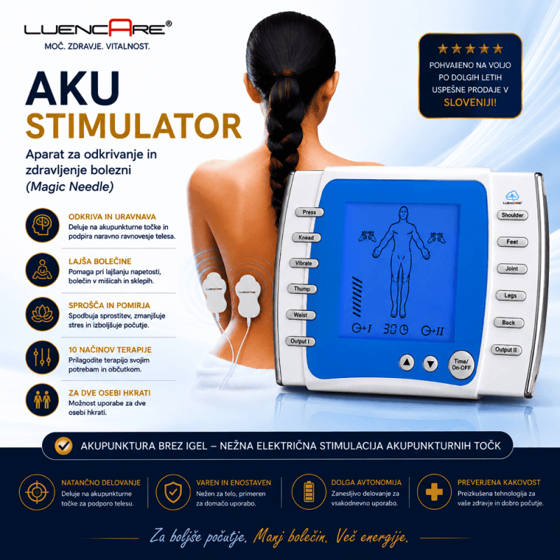 AKU stimulator Magic Needle za lajšanje bolečin v hrbtu, mišicah in sklepih z elektrostimulacijo brez igel.