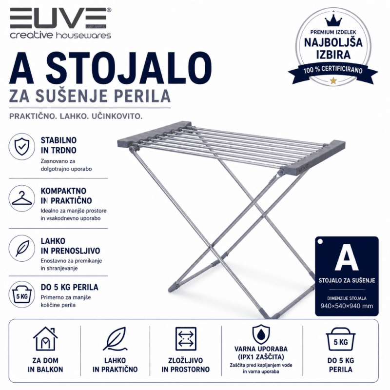 Električno grelno stojalo A – EUVE Električno grelno stojalo A EUVE – aluminijasto grelno sušilno stojalo (8 palic)