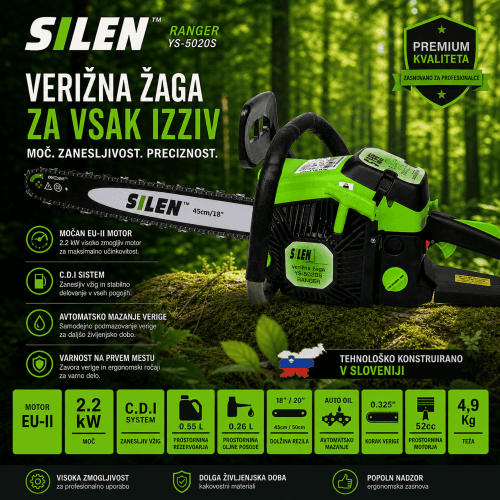 Verižna žaga SILEN Ranger YS-5020S 2.2 kW – profesionalna motorna žaga 52cc
