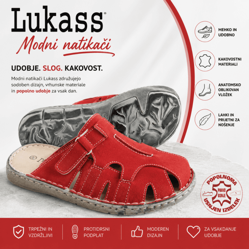 Lukass rdeči ženski natikači – pravo usnje Rdeči ženski natikači Lukass iz pravega usnja z udobnim anatomskim vložkom