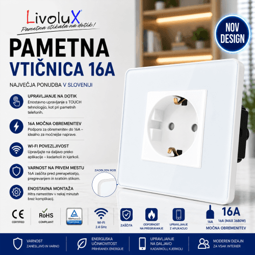 16A modularna Livolux stenska vtičnica z okvirjem iz kaljenega stekla