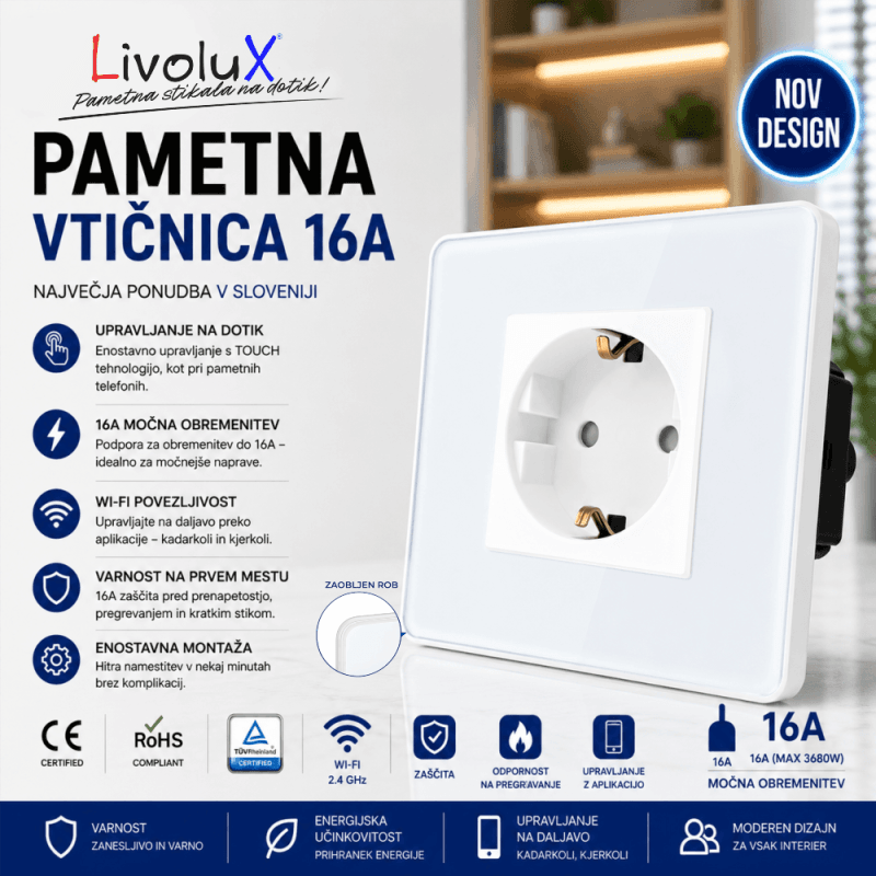16A modularna Livolux stenska vtičnica z okvirjem iz kaljenega stekla