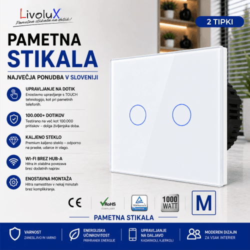 Livolux 2 TOUCH menjalno stikalo – 2 tipki Livolux 2-tipno kapacitivno menjalno stikalo na dotik
