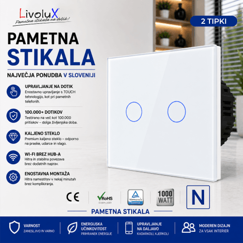 Touch TWO TOUCH – Navadno stikalo na dotik (2 tipki) Touch stikalo TWO TOUCH – navadno kapacitivno stikalo na dotik (2 tipki)