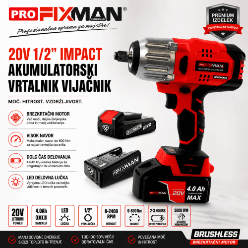 FIXMAN PRO udarni vijačnik 20V – 600 Nm FIXMAN PRO akumulatorski udarni vijačnik 20V 600 Nm