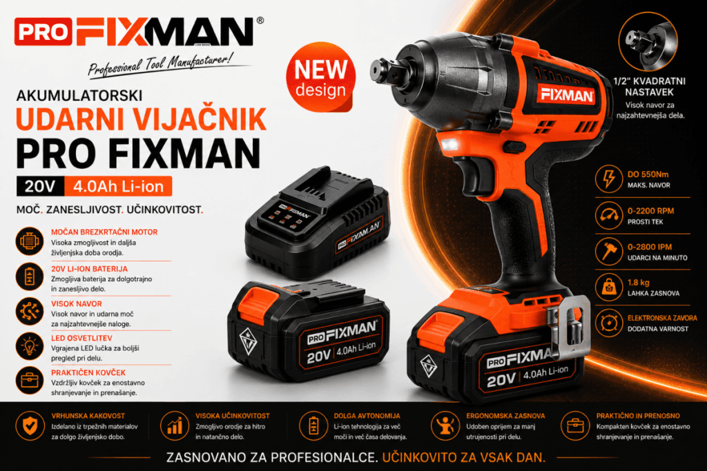 FIXMAN udarni vrtalnik vijačnik 20V pri delu