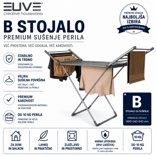 Stojalo za sušenje perila B – zložljivo stojalo do 10 kg za notranjo in zunanjo uporabo