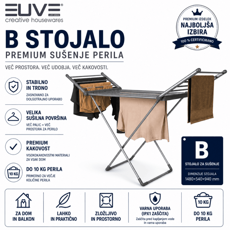 Stojalo za sušenje perila B – zložljivo stojalo do 10 kg za notranjo in zunanjo uporabo