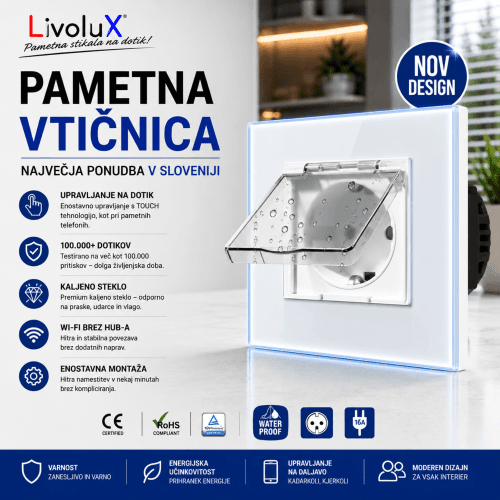 Vodoodporna stenska vtičnica Livolux z zaščitnim pokrovom IP54