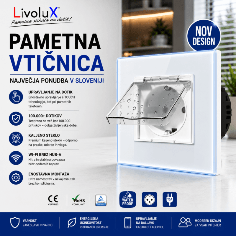 Vodoodporna stenska vtičnica Livolux z zaščitnim pokrovom IP54