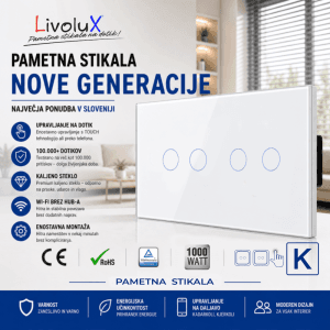 Livolux 2× DOUBLE TOUCH – 4-gumbno touch stikalo Livolux 4-gumbno pametno stikalo – 2× DOUBLE TOUCH v beli stekleni izvedbi