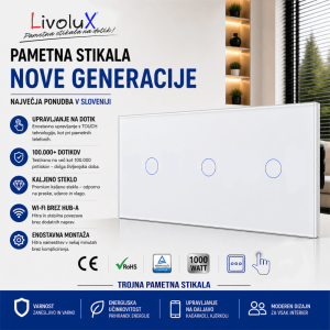 Livolux trojno touch stikalo – 3x ONE Touch v belem steklu