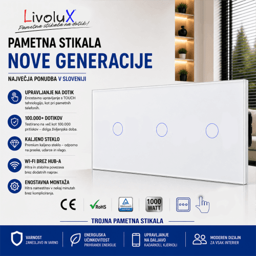 Livolux 3x ONE Touch – Trojno Touch Stikalo (Belo Steklo) Livolux trojno touch stikalo – 3x ONE Touch v belem steklu