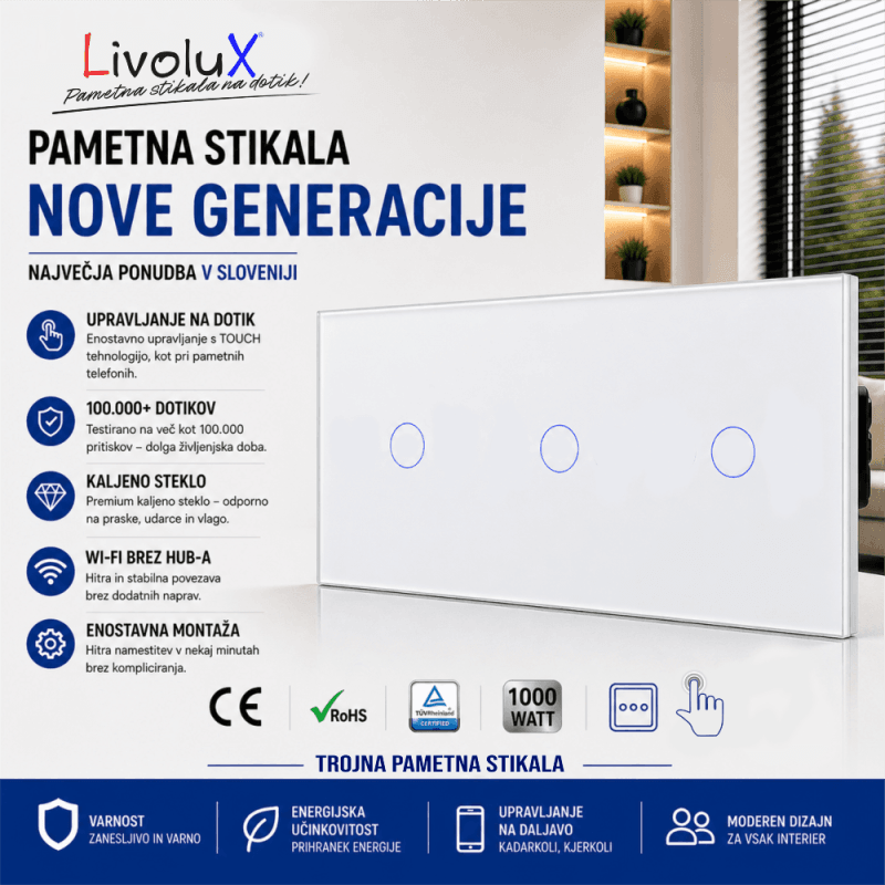 Livolux trojno touch stikalo – 3x ONE Touch v belem steklu