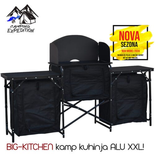 KAMP kuhinja ALU – XXL Črna kamp kuhinja z zložljivo konstrukcijo in stranskimi shranjevalnimi predali.