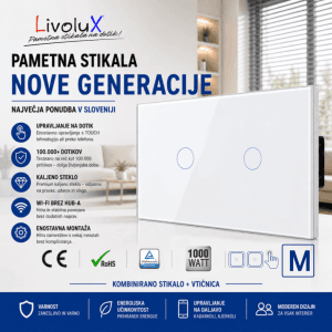 Livolux dvojno pametno stikalo – 1× ONE TOUCH + 1× ONE TOUCH menjalno, bela steklena plošča
