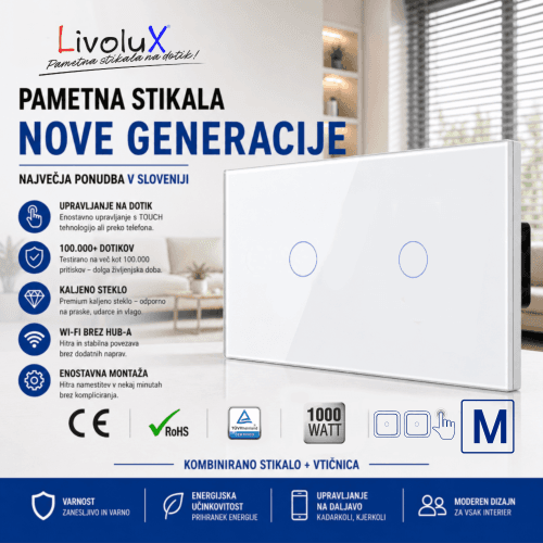 Livolux DVOJNO stikalo – ONE TOUCH + ONE TOUCH menjalno Livolux dvojno pametno stikalo – 1× ONE TOUCH + 1× ONE TOUCH menjalno, bela steklena plošča