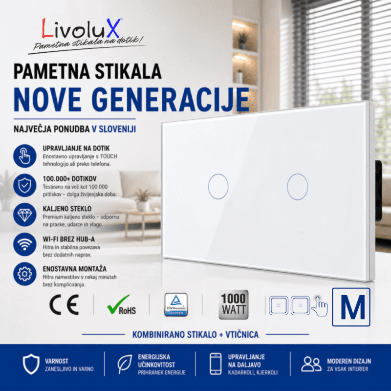 Livolux DVOJNO stikalo – ONE TOUCH + ONE TOUCH menjalno Livolux dvojno pametno stikalo – 1× ONE TOUCH + 1× ONE TOUCH menjalno, bela steklena plošča