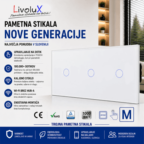 Livolux 3x ONE Touch – Trojno Touch Stikalo (Belo Steklo) Livolux trojno touch stikalo – 3x ONE Touch v belem steklu