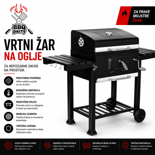 Vrtni Žar na Oglje BBQ Party | LUEN.SI Vrtni žar na oglje z veliko površino za peko in stranskimi policami