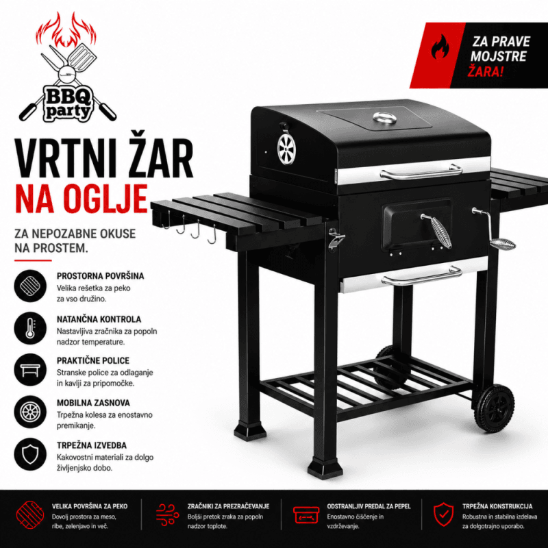 Vrtni žar na oglje z veliko površino za peko in stranskimi policami