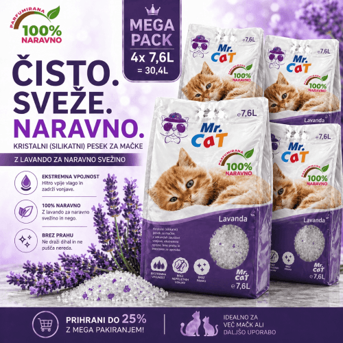 Kristalni silikatni posip za mačje stranišče Lavanda – 4 × 7,6 L