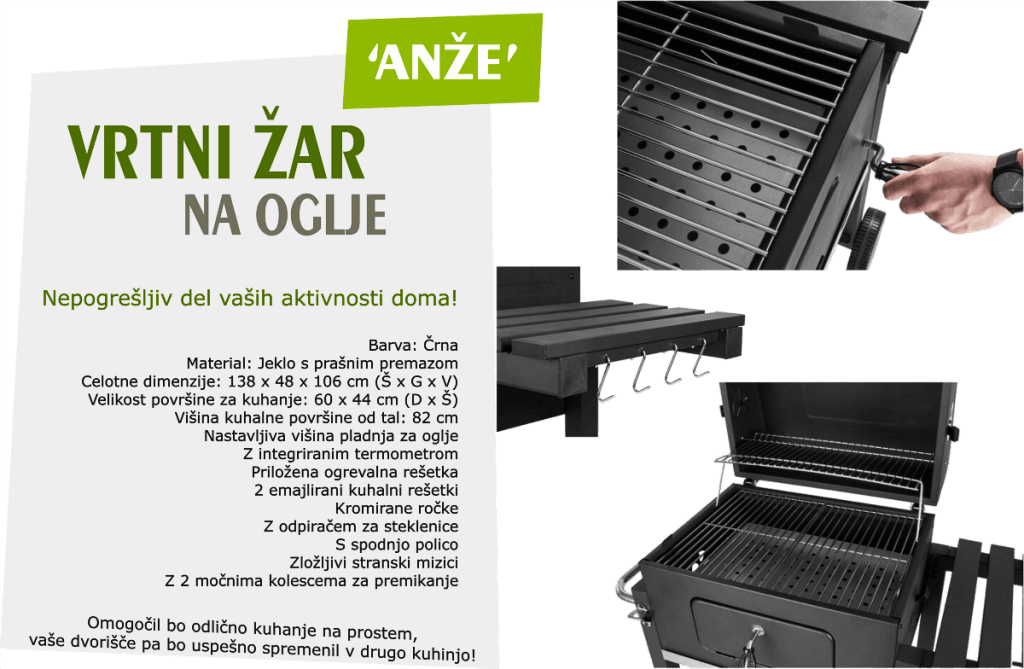 Žar ANŽE Black-XXL z odprtim pokrovom in litoželeznimi rešetkami za peko