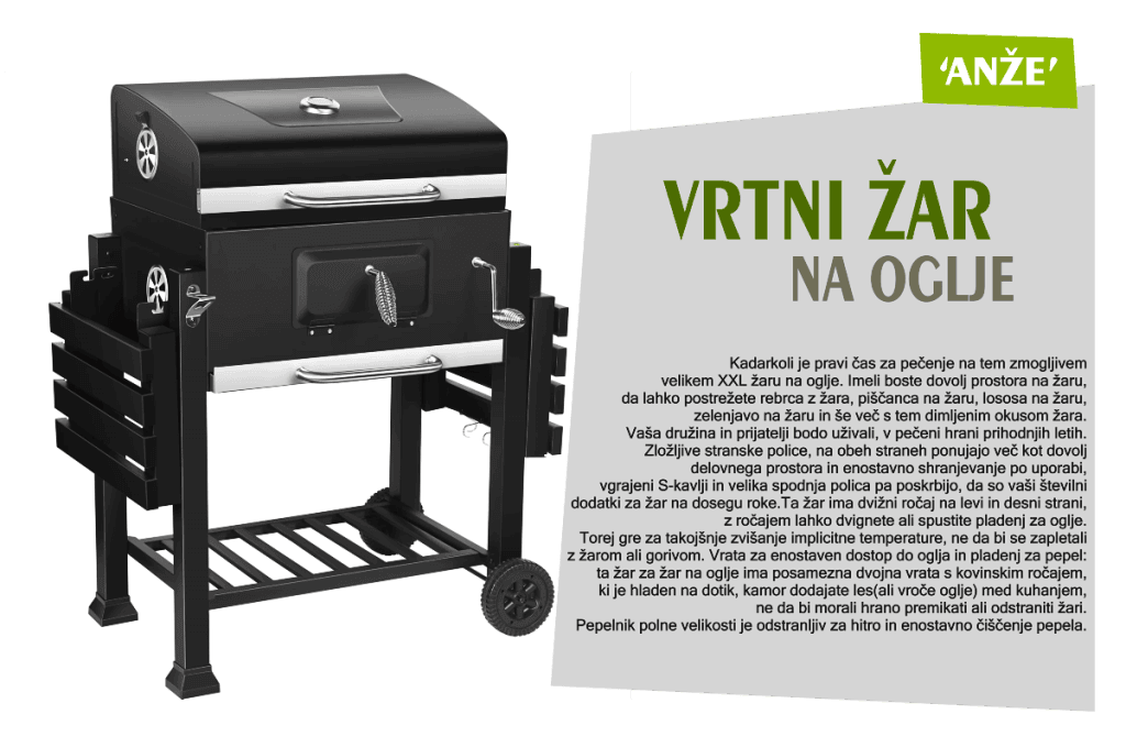 Žar ANŽE Black-XXL z odprtim pokrovom in litoželeznimi rešetkami za peko