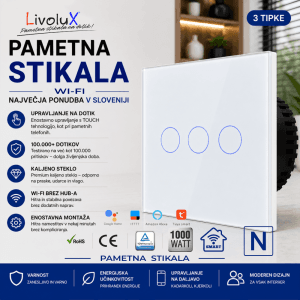 Livolux Smart Wi-Fi 3G ONE TOUCH stikalo – 3 tipke Pametno Wi-Fi stikalo na dotik s tremi tipkami – Livolux Smart 3G ONE TOUCH