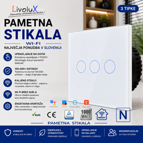 Pametno Wi-Fi stikalo na dotik s tremi tipkami – Livolux Smart 3G ONE TOUCH