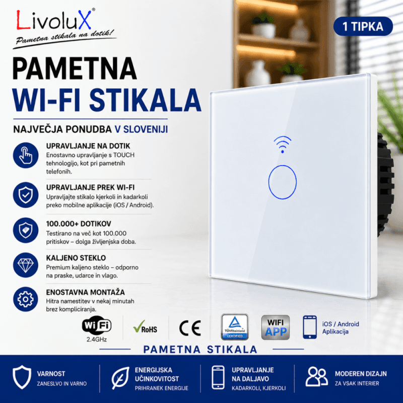 Pametno stekleno stikalo LivoluX wifi z zatemnjevalnikom in LED na dotik