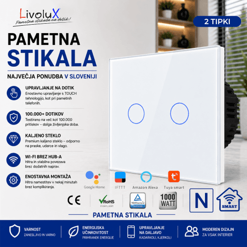Touch SMART Wi-Fi ONE TOUCH 2G – Enojno 2-tipno stikalo Touch SMART Wi-Fi ONE TOUCH 2G – enojno stikalo z dvema tipkama