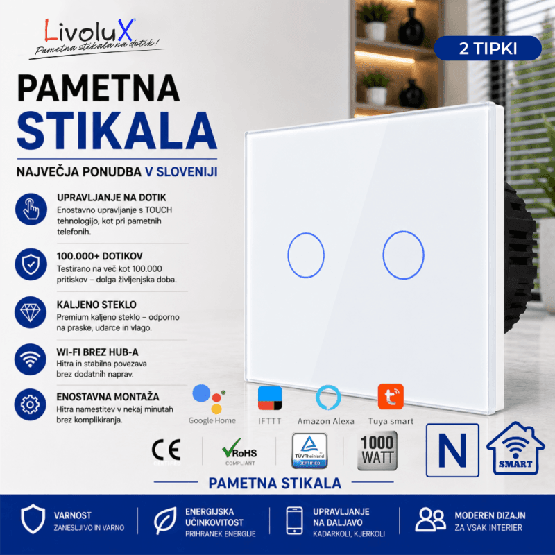 Touch SMART Wi-Fi ONE TOUCH 2G – Enojno 2-tipno stikalo Touch SMART Wi-Fi ONE TOUCH 2G – enojno stikalo z dvema tipkama