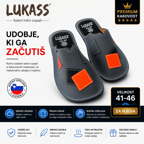 Moški sobni copati Lukass 41-46 – premium usnjeni natikači Moški sobni copati Lukass – ročno izdelani usnjeni natikači, velikost 41-46, udobni in kakovostni