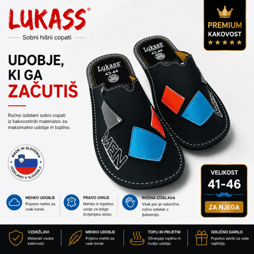 Moški sobni copati Lukass 41-46 – premium usnjeni natikači Moški sobni copati Lukass – ročno izdelani usnjeni natikači, velikost 41-46, udobni in kakovostni