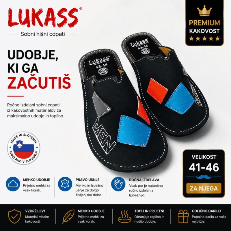Moški sobni copati Lukass 41-46 – premium usnjeni natikači Moški sobni copati Lukass – ročno izdelani usnjeni natikači, velikost 41-46, udobni in kakovostni