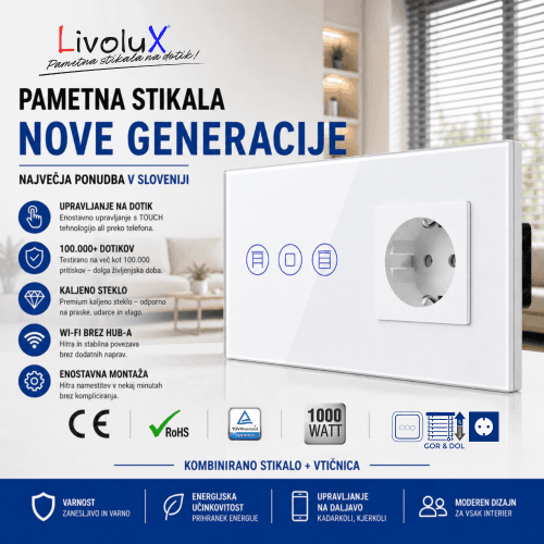 Livolux žaluzije + BASIC vtičnica – pametna kombinacija Livolux stikalo za žaluzije z vtičnico – bela izvedba