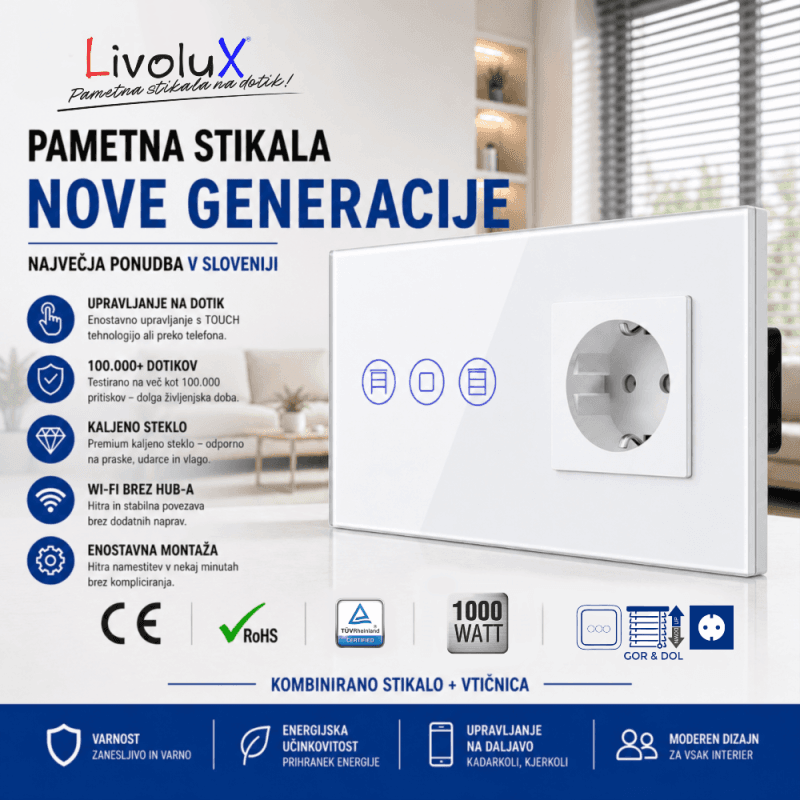 Livolux žaluzije + BASIC vtičnica – pametna kombinacija Livolux stikalo za žaluzije z vtičnico – bela izvedba