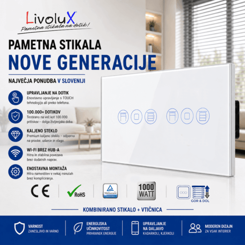 Livolux touch stikalo za dvojne žaluzije – bela 2.5D steklena plošča