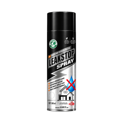 LEAK SPRAY XT – tesnilni sprej za hitro popravilo puščanj, prikaz uporabe na ceveh in površinah.