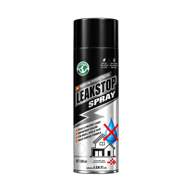 Na voljo v treh barvah: BELA, ČRNA, PROZORNA. LEAK SPRAY XT – tesnilni sprej za hitro popravilo puščanj, prikaz uporabe na ceveh in površinah.