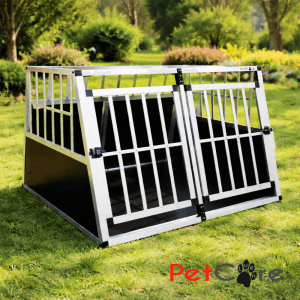 Aluminijasta transportna kletka za psa z dvema vratoma na travniku