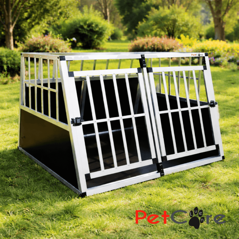 Aluminijasta transportna kletka za psa z dvema vratoma na travniku