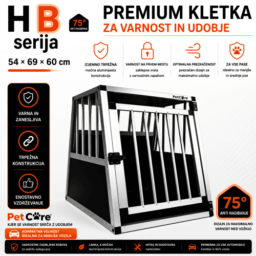 PetCare H aluminijasta transportna pasja kletka – 54×69×60 cm Aluminijasta transportna kletka za psa PetCare H, velikost 54×69×60 cm, za varen prevoz v avtomobilu.