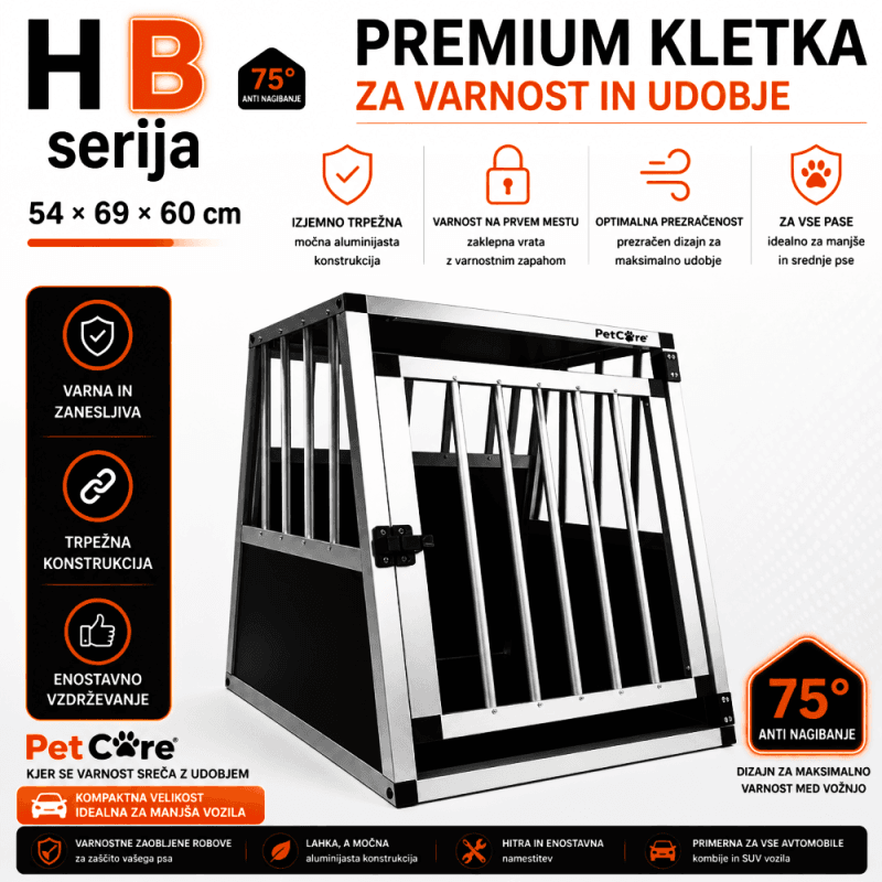 PetCare H aluminijasta transportna pasja kletka – 54×69×60 cm Aluminijasta transportna kletka za psa PetCare H, velikost 54×69×60 cm, za varen prevoz v avtomobilu.