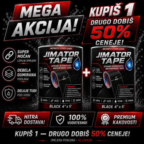 Jimator tesnilni trak mega akcija 1+1 Mega akcija Jimator vodoodporni tesnilni trak – kupi 1, drugo dobiš 50% ceneje