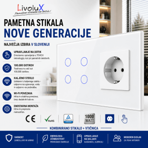 Livolux kombinacija: 1× BASIC stikalo in 4× ONE TOUCH stikala v beli stekleni plošči