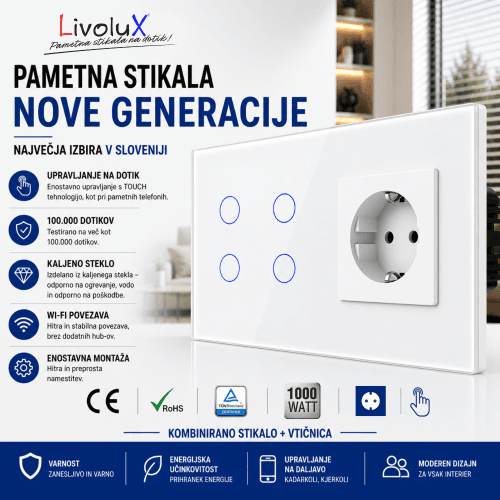 Livolux 1× BASIC + 4× ONE TOUCH – kombinirano pametno stikalo Livolux kombinacija: 1× BASIC stikalo in 4× ONE TOUCH stikala v beli stekleni plošči